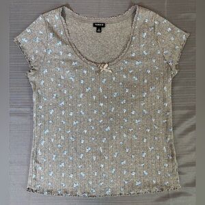 Torrid Floral Ribbed Top Size 0 Lace Trim Bow Cottagecore Baby Tee